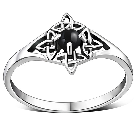 Delicate Black Onyx Celtic Knot Silver Ring