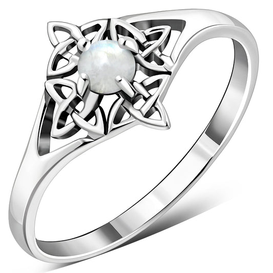 Delicate Rainbow Moonstone Celtic Silver Ring