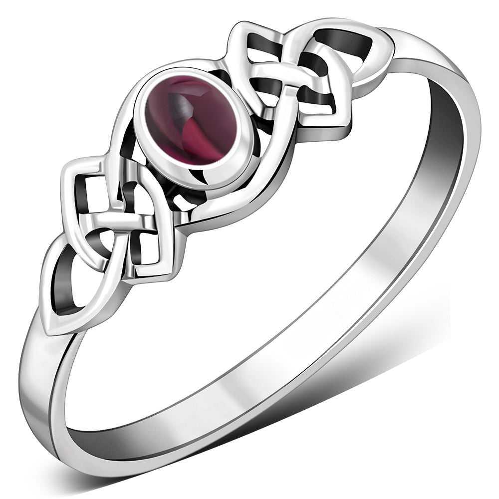 Garnet Stone Cab Celtic Knot Silver Ring