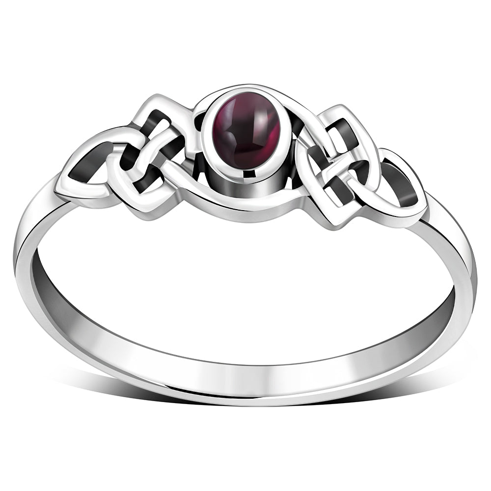 Garnet Stone Cab Celtic Knot Silver Ring