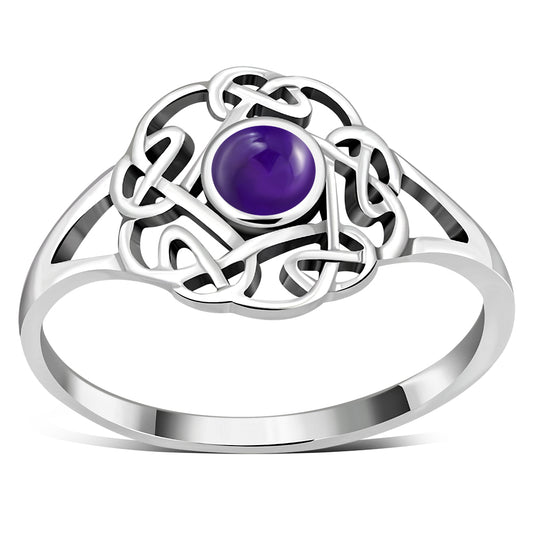 Amethyst Stone Round Celtic Knot Silver Ring