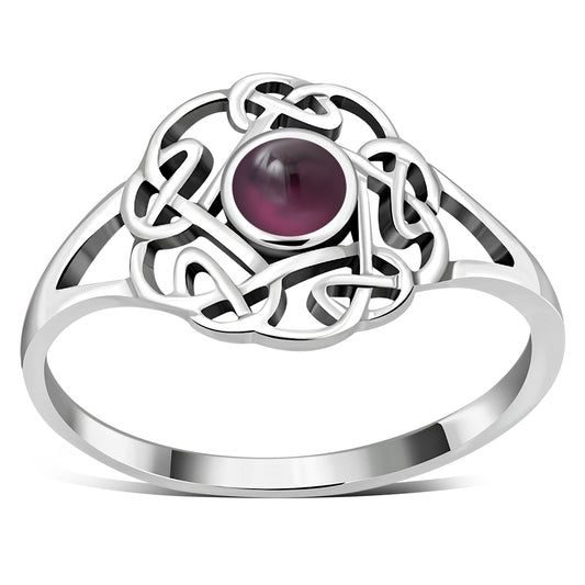 Garnet Stone Round Celtic Knot Silver Ring