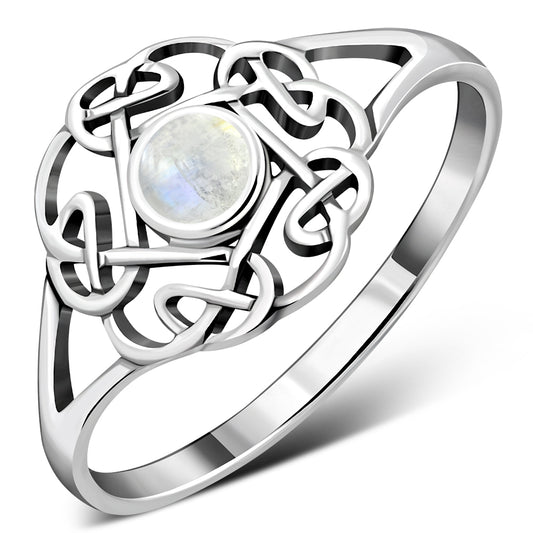 Rainbow Moonstone Round Celtic Knot Silver Ring