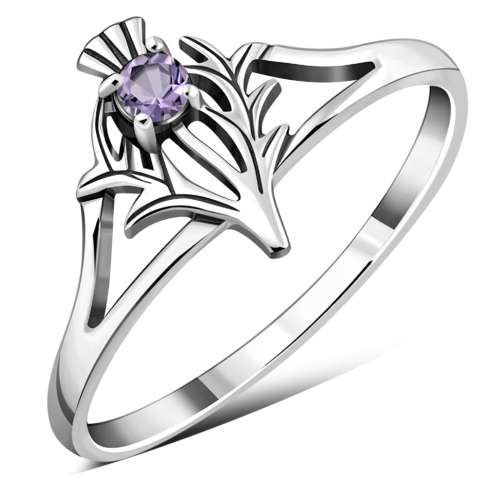 Amethyst Stone Scottish Thistle Silver Ring