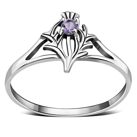 Amethyst Stone Scottish Thistle Silver Ring