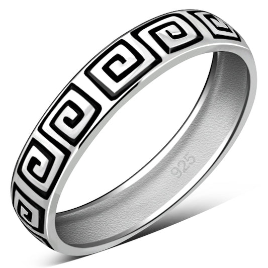 Greek Key Silver Wedding Band Ring
