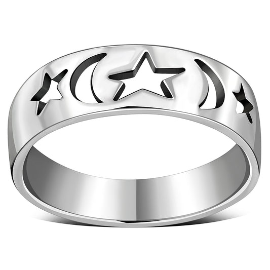 Moon & Stars Silver Band Ring