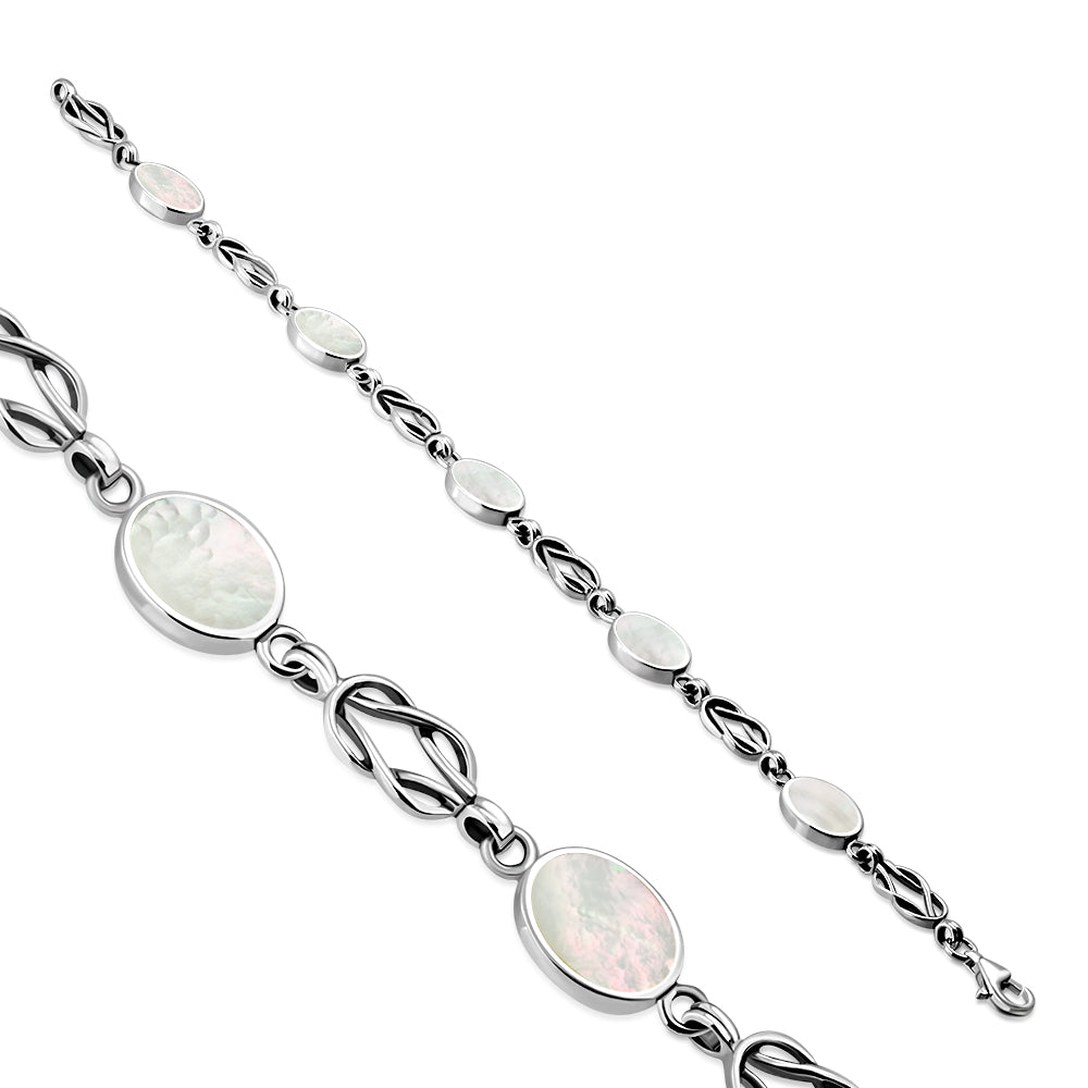 Mother Of Pearl Oval Links Celtic Knot Silver Bracelet