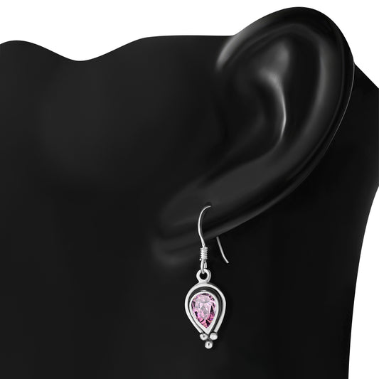 Rose Pink CZ Pear Shaped Ethnic Style Drop Hook Earrings
