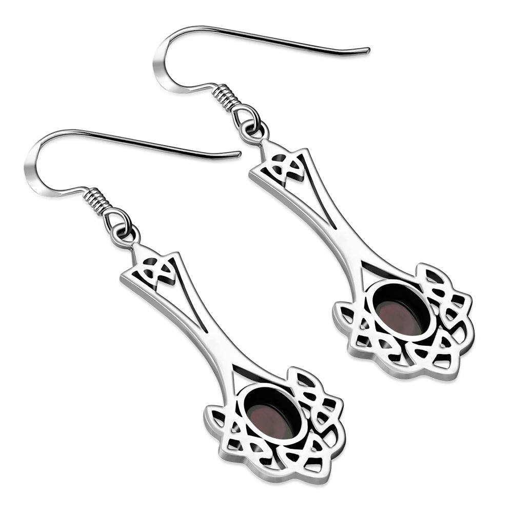 Long Garnet Celtic Knot Silver Earrings 