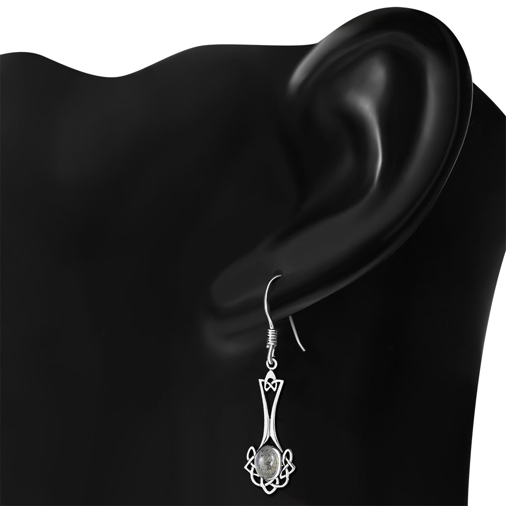 Labradorite Celtic Knot Silver Long Drop Dangle Hook Earrings