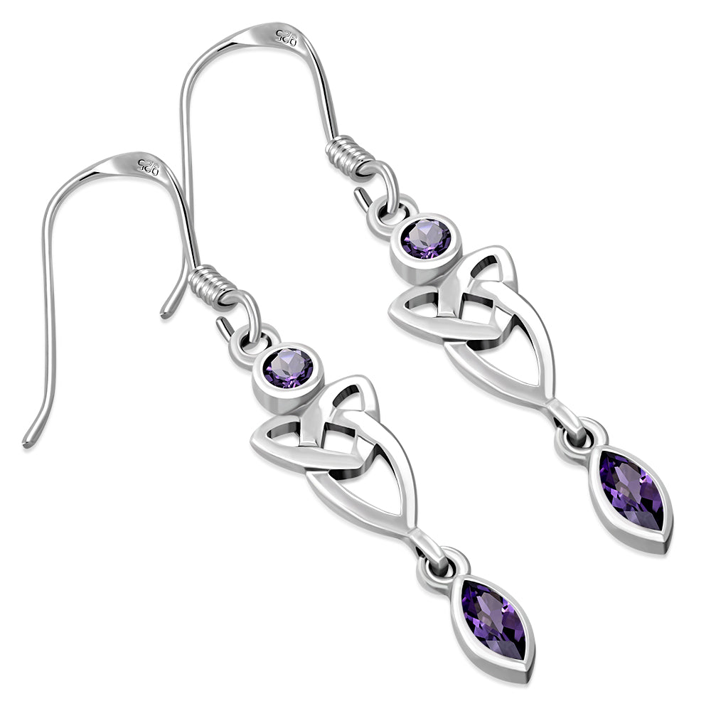 Amethyst CZ Long Celtic Trinity Knot Silver Earrings  