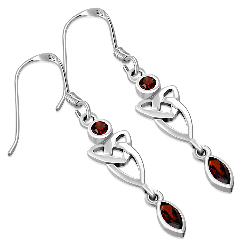 Garnet CZ Long Trinity Knot Dangling Silver Earrings 