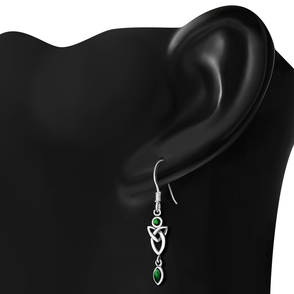 Green CZ Long Trinity Knot Sterling Silver Earrings