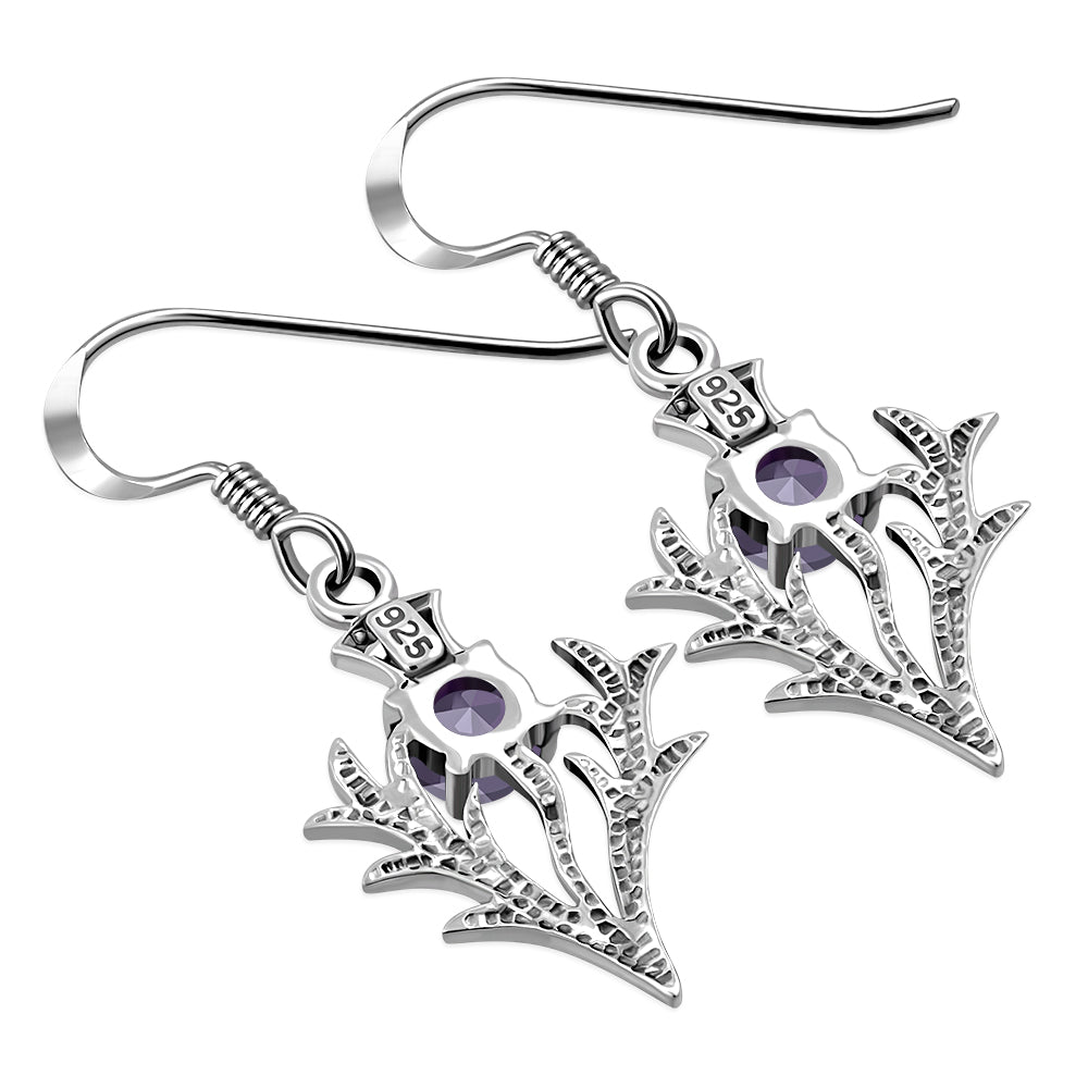 Faceted Amethyst Stone Silver Scottish Thistle Earrings