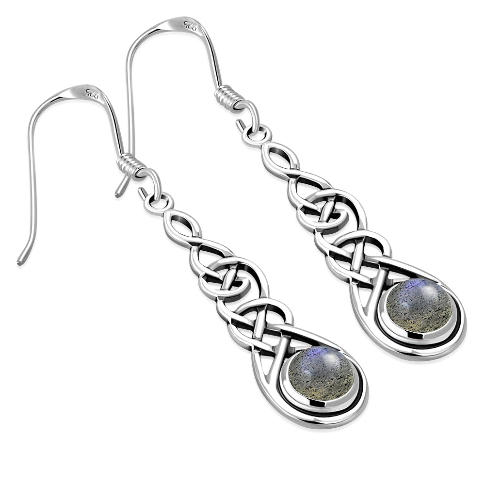 Labradorite Celtic Silver Long Drop Dangle Hook Earrings