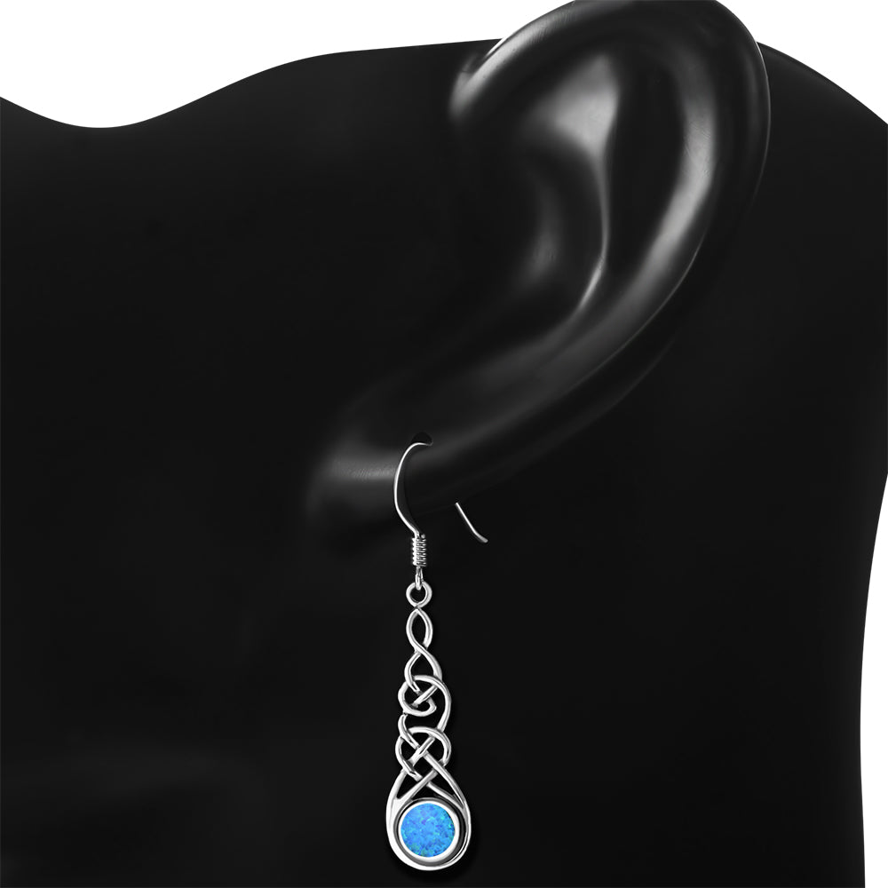 Synthetic Blue Opal Celtic Long Earrings