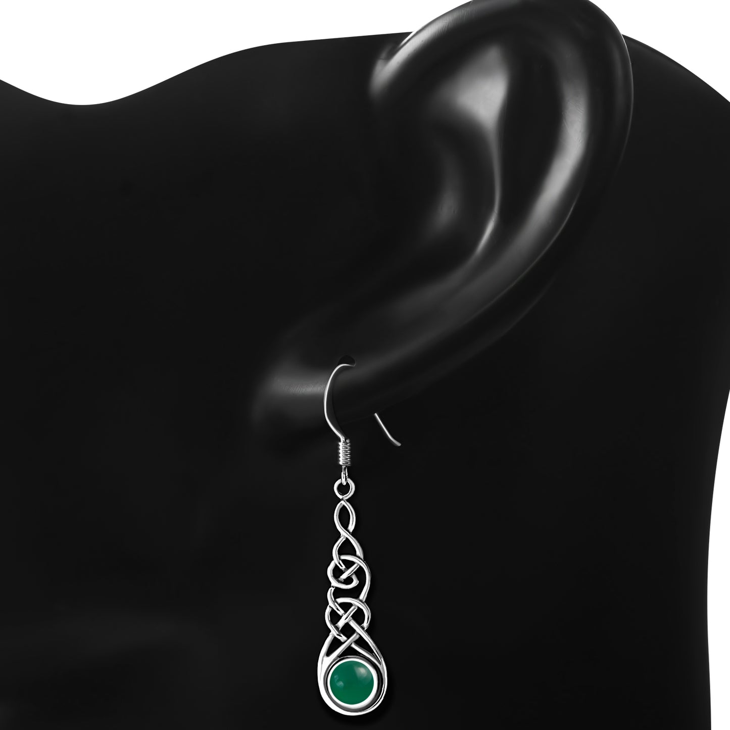Green Agate Celtic Silver Long Drop Dangle Hook Earrings