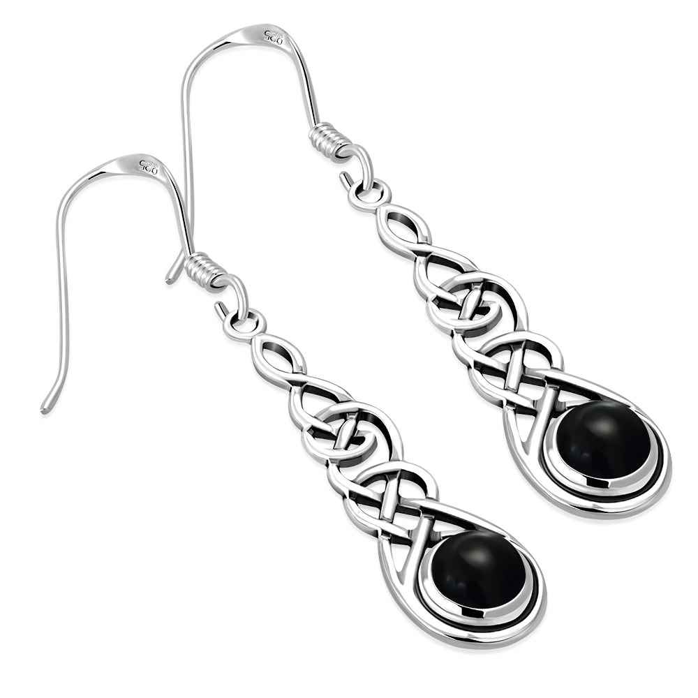 Black Onyx Celtic Long Silver Earrings