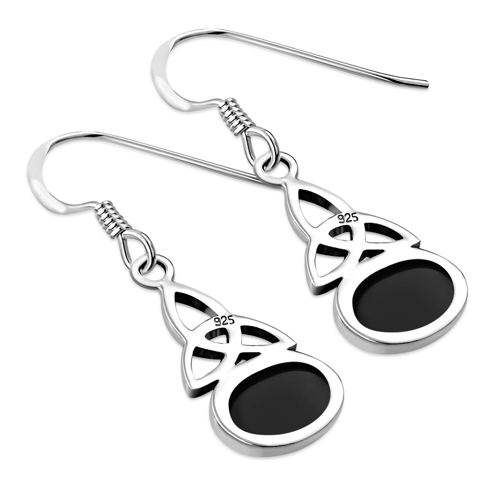 Black Onyx Stone Celtic Trinity Knot Silver Earrings 