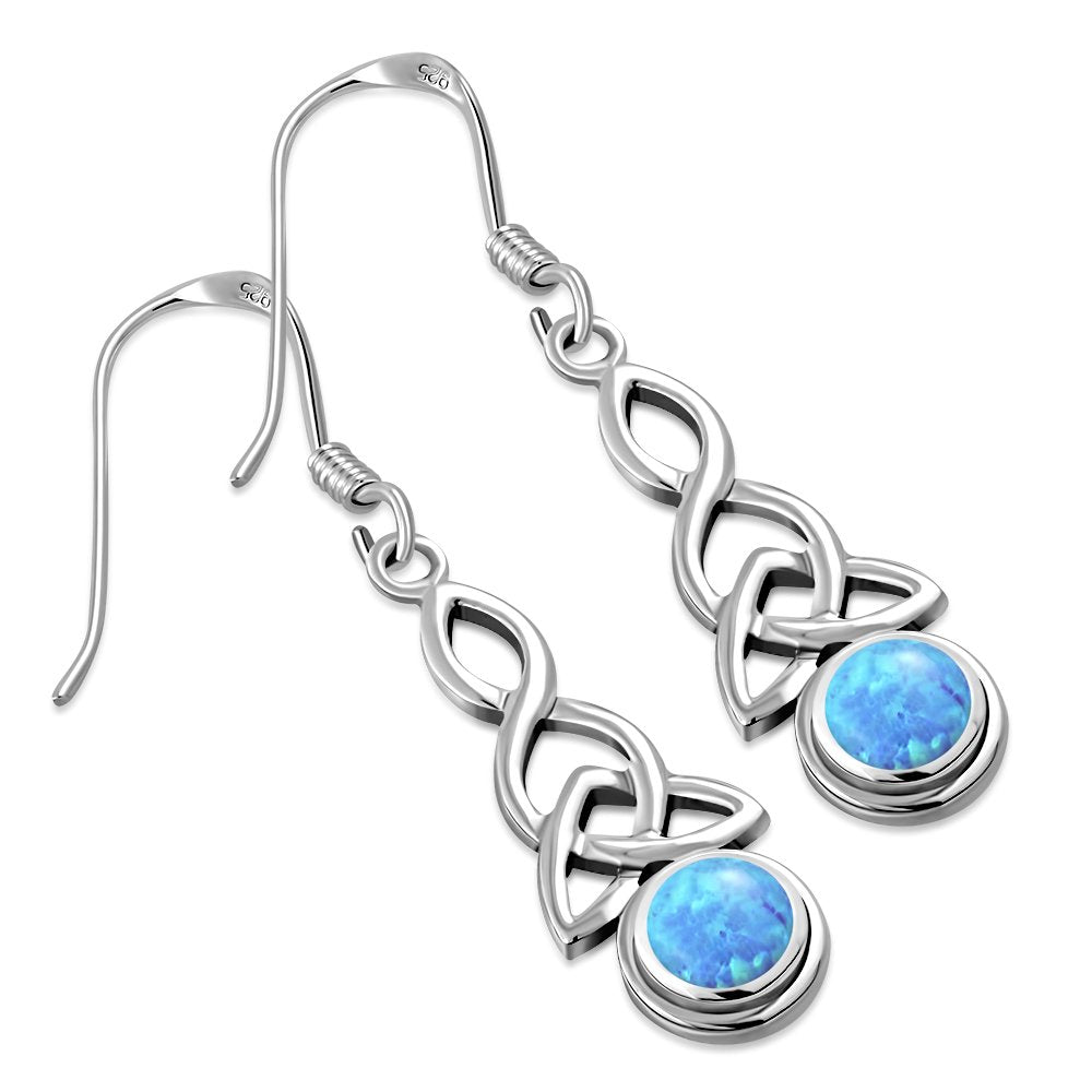Long Synthetic Opal Trinity Knot Silver Earrings