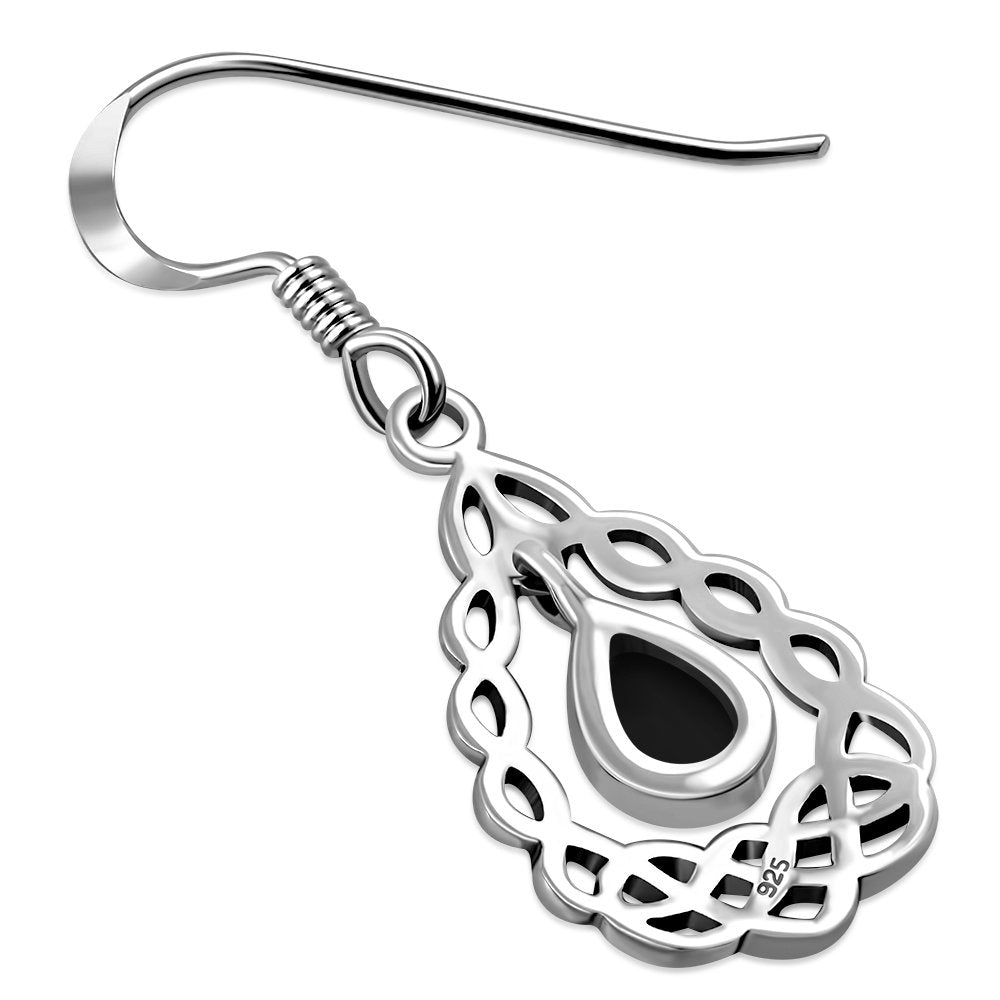 Black Onyx Drop Silver Celtic Knot Earrings 