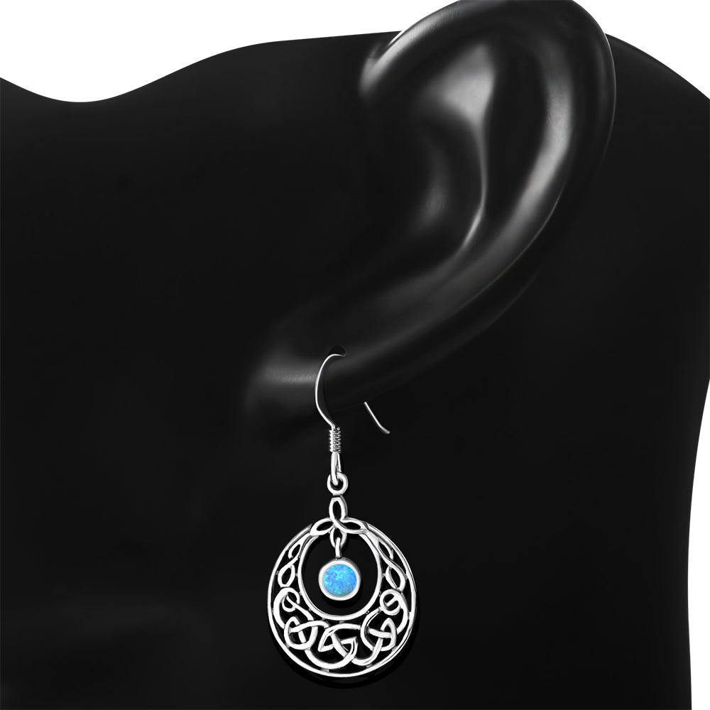 Synthetic Azure Blue Opal Celtic Knot Silver Earrings