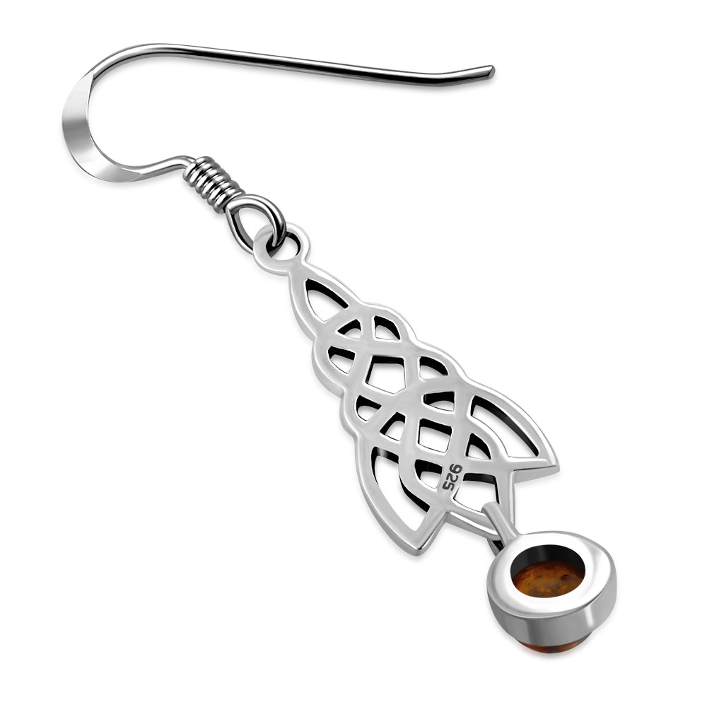 Dangle Amber Stone Celtic Knot Silver Earrings 