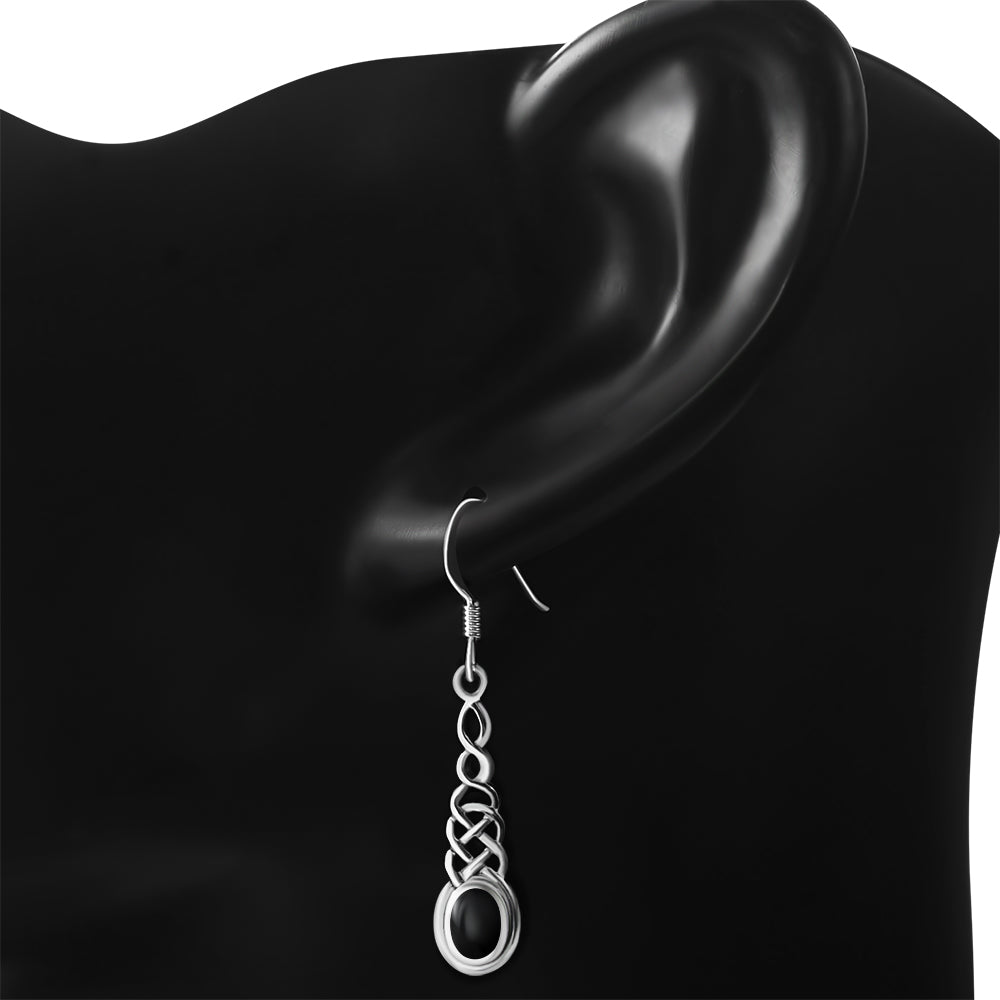 Black Onyx Long Celtic Silver Earrings 