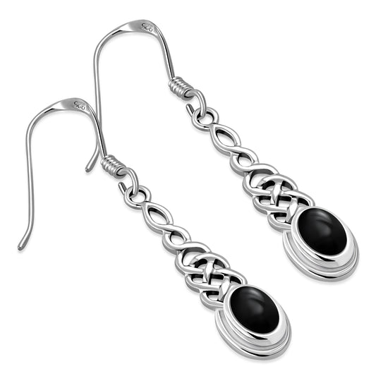 Black Onyx Long Celtic Silver Earrings 