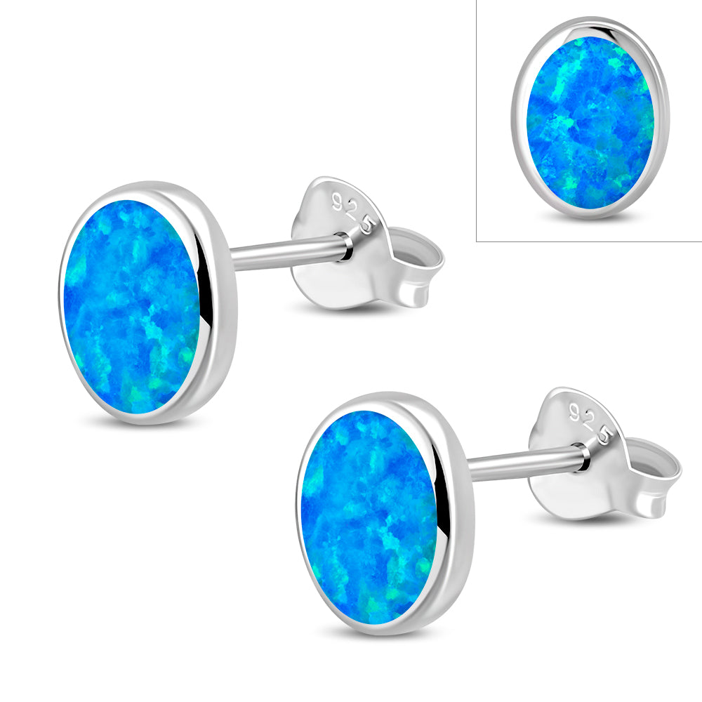 Synthetic Opal Oval Stud Sterling Silver Earrings