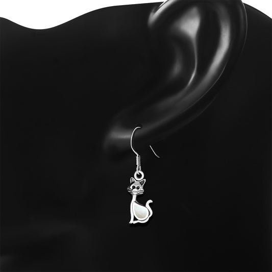 Cat Silver Earrings w Drop Shaped Mother of Pearl