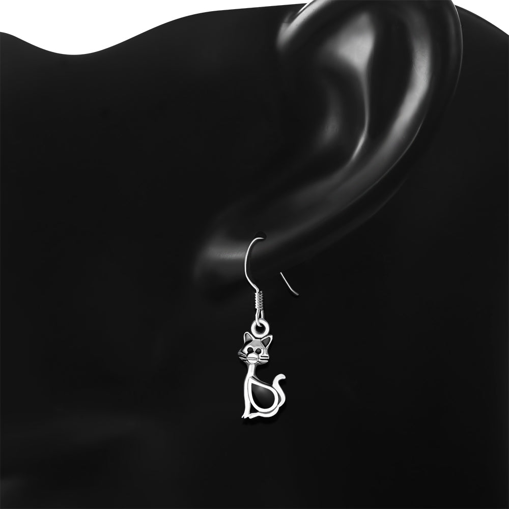 Cat Silver Earrings w Drop Shaped Black Onyx