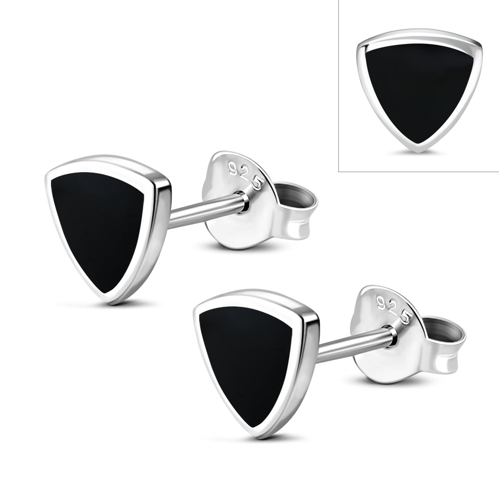 Black Onyx Triangle Stud Silver Earrings