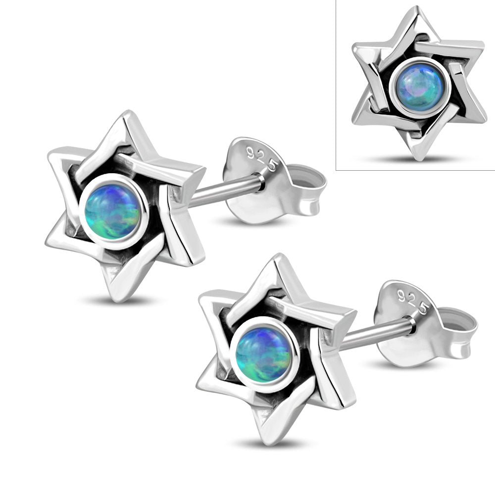 Synthetic Opal Star of David Stud Silver Earrings