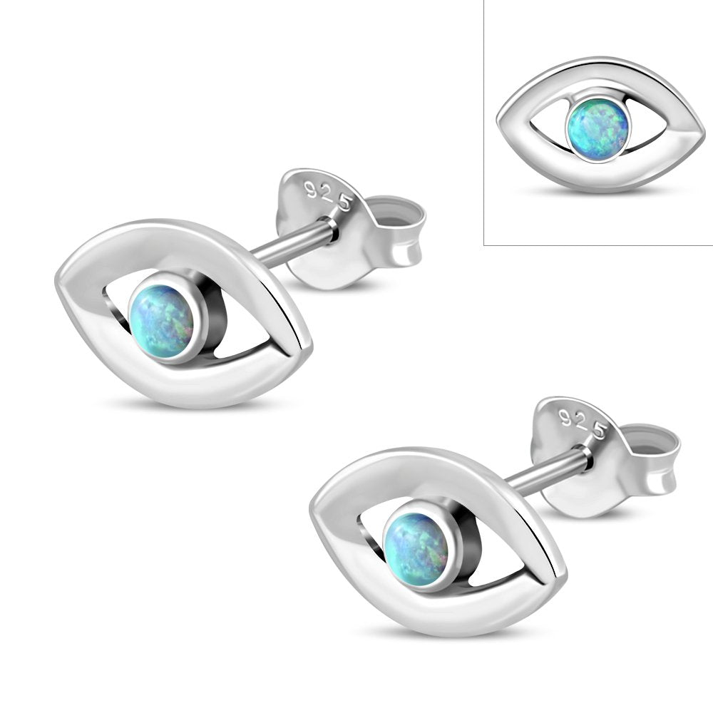 Synthetic Opal Evil Eye Stud Silver Earrings