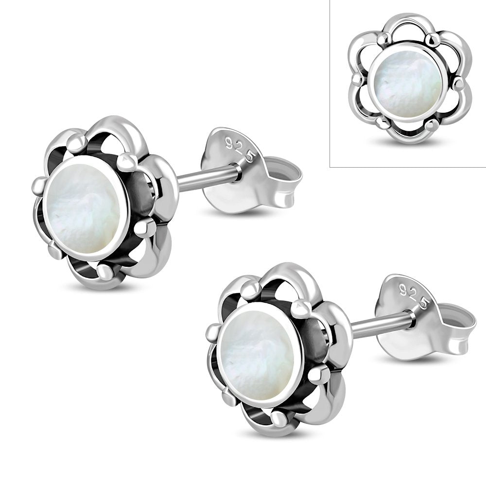 Mother of Pearl Flower Stud Silver Earrings