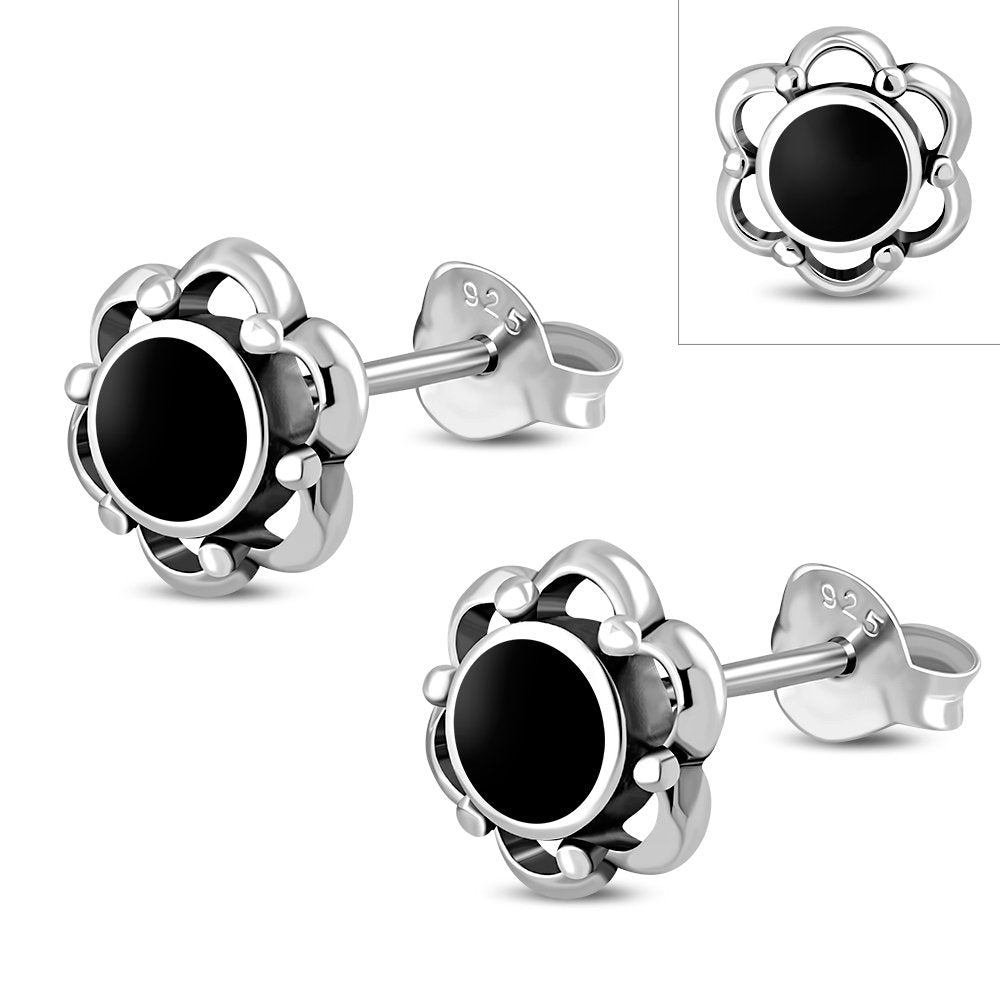 Black Onyx Flower Stud Silver Earrings