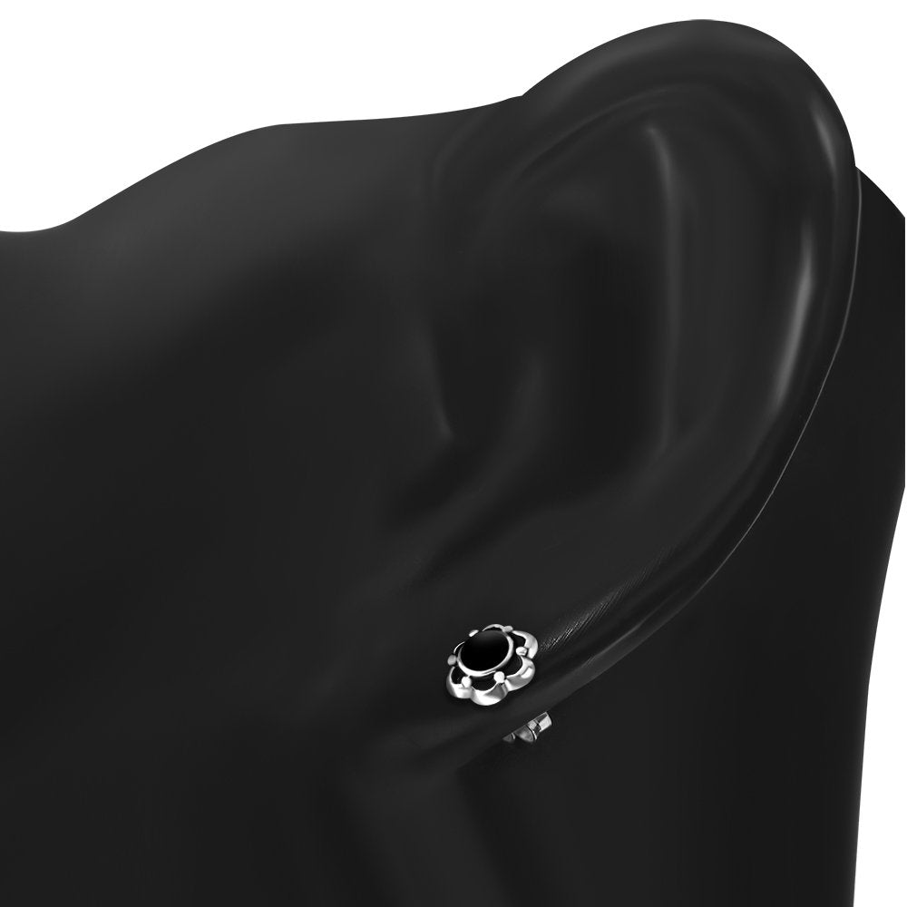 Black Onyx Flower Stud Silver Earrings