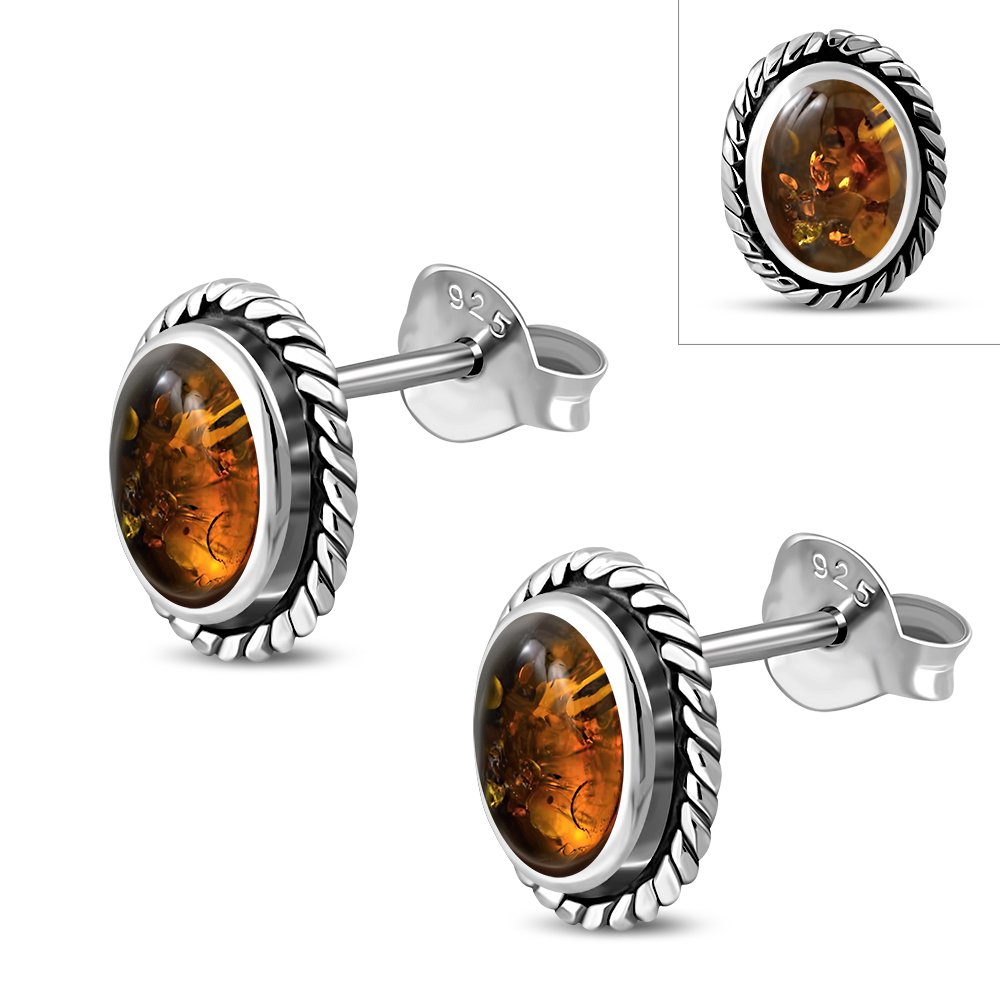 Oval Baltic Amber Stud Silver Earrings