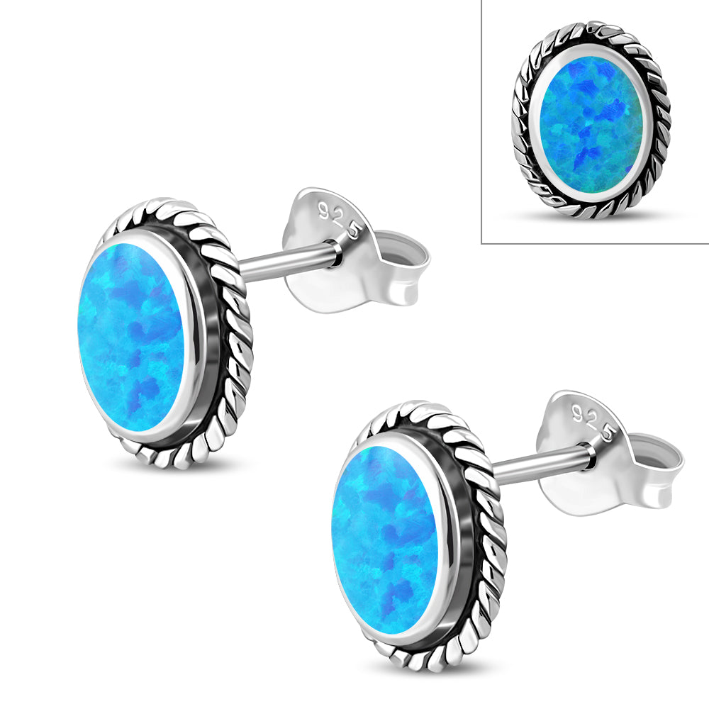 Oval Synthetic Azure Opal Silver Stud Earrings