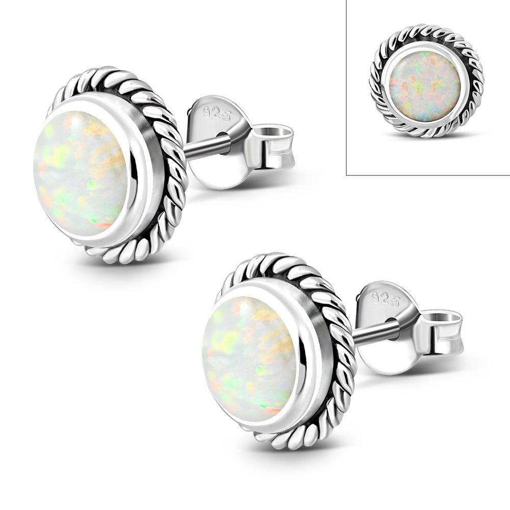 Round Synthetic Sun & Ice Opal Stud Silver Earrings