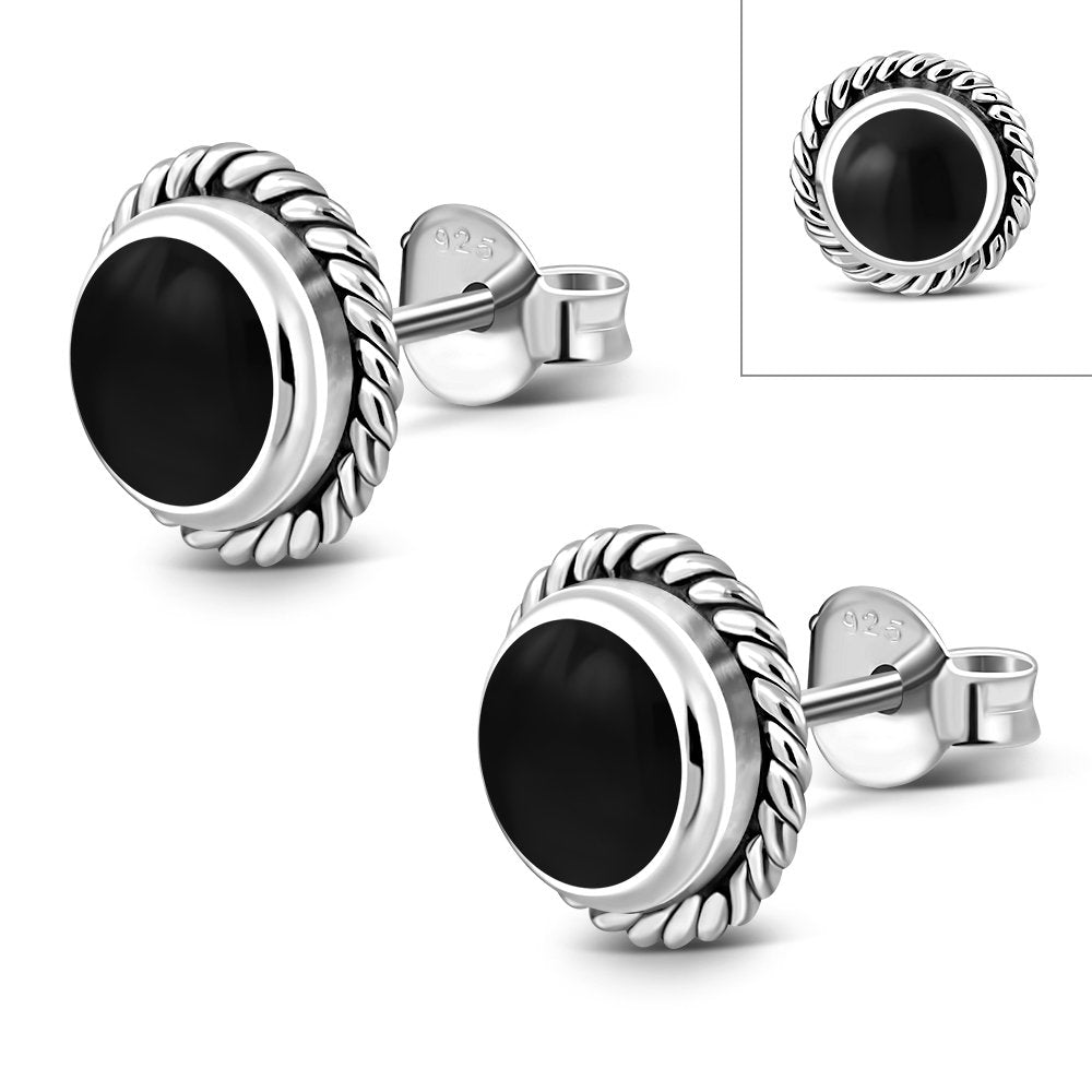 Round Black Onyx Stud Silver Earrings