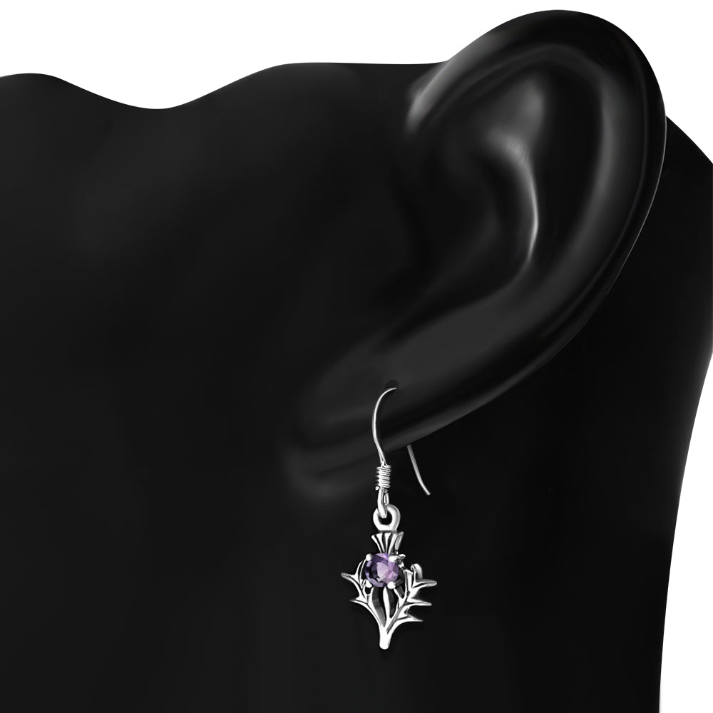 Tiny Silver Thistle Earrings set w/ Amethyst Faceted Stone