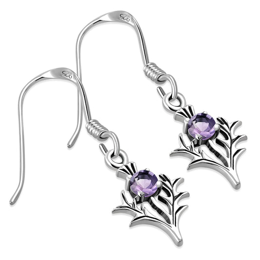 Tiny Silver Thistle Earrings set w/ Amethyst Faceted Stone