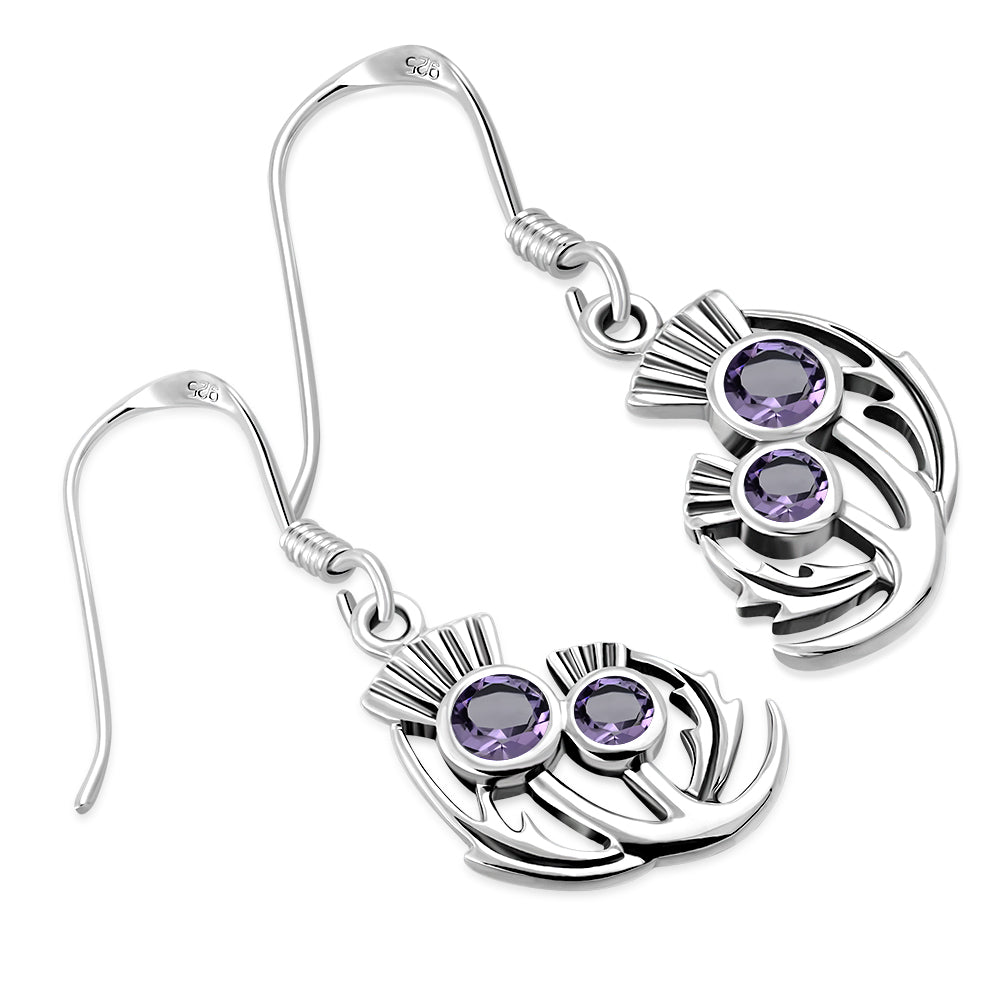 Faceted Amethyst Stone Thistle Silver Earrings