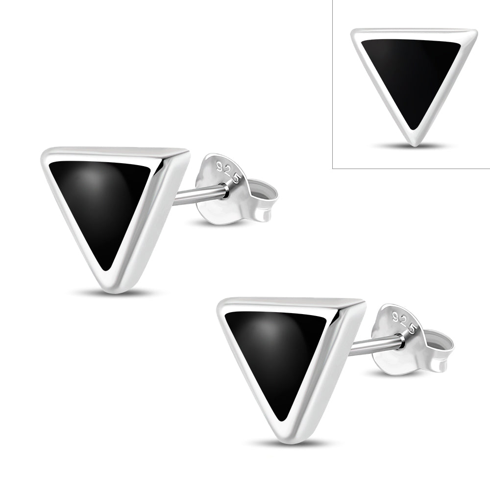 Black Onyx Triangle Silver Stud Earrings