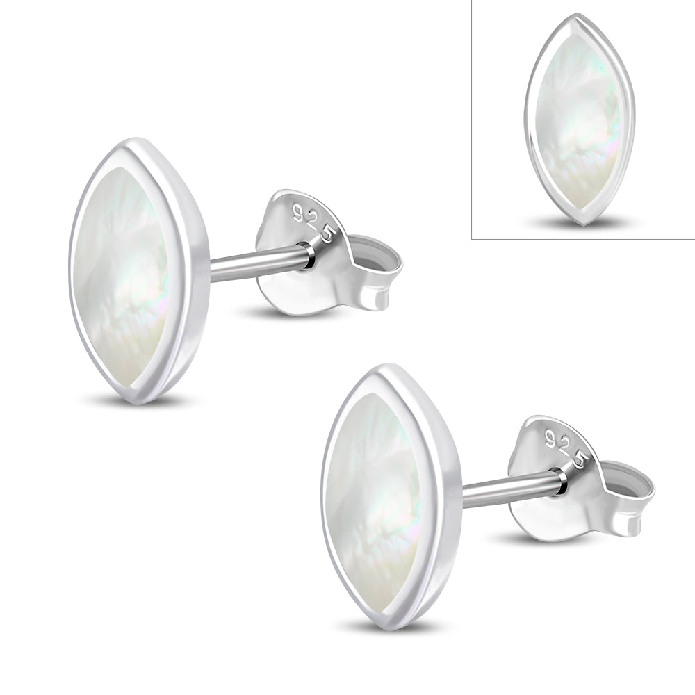 Mother of Pearl Lens Shaped Silver Stud Earrings