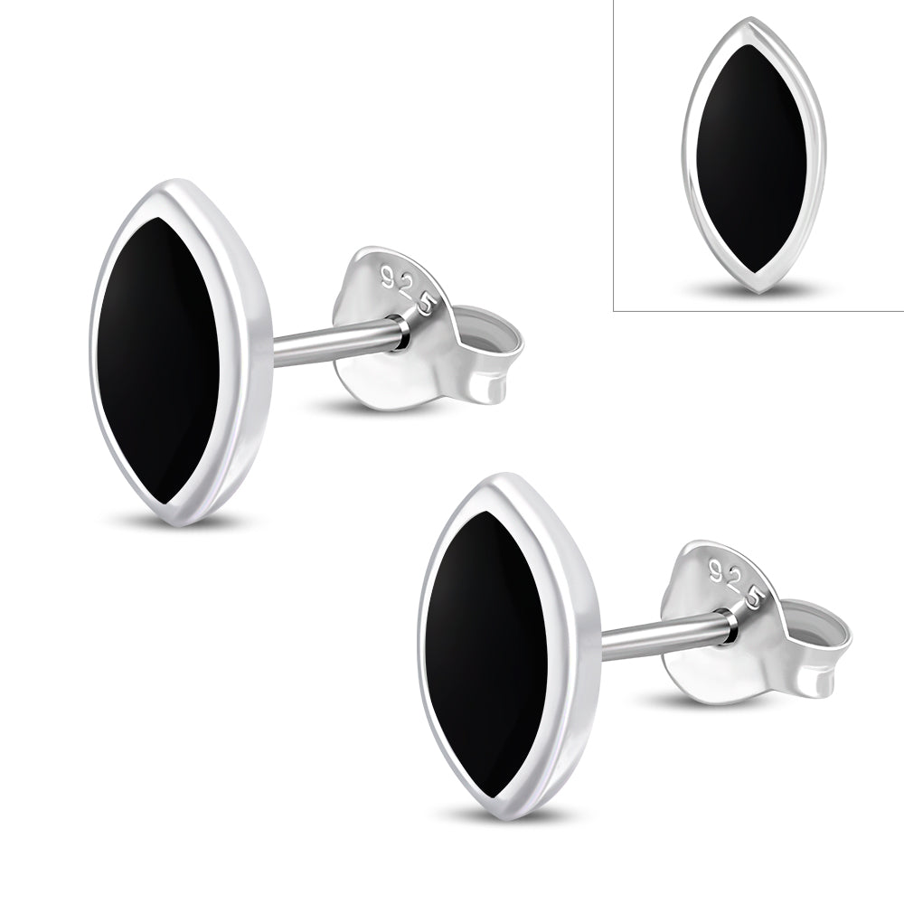 Black Onyx Lens Shaped Silver Stud Earrings