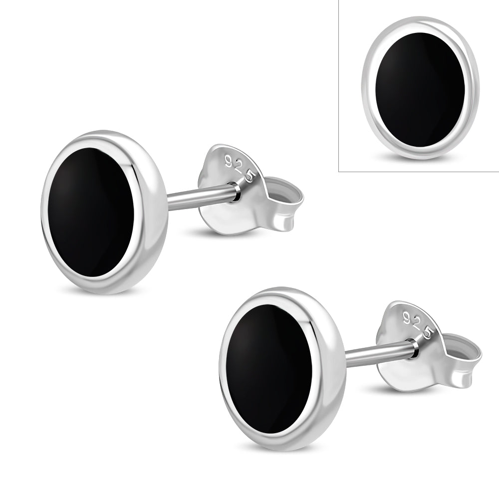 Black Onyx Oval Stud Silver Earrings 